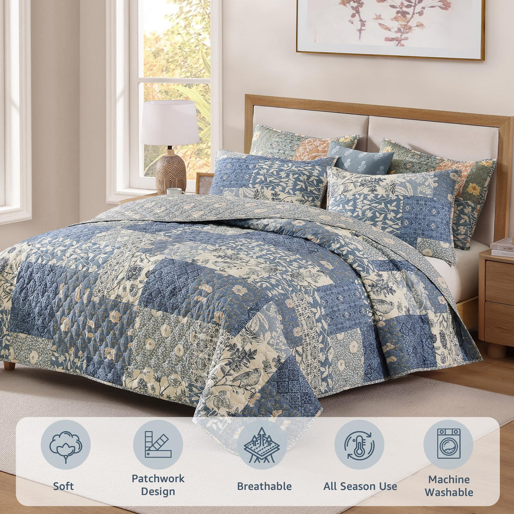 King Quilt Set-3 Pieces Soft Bedspread Floral Patchwork Quilt