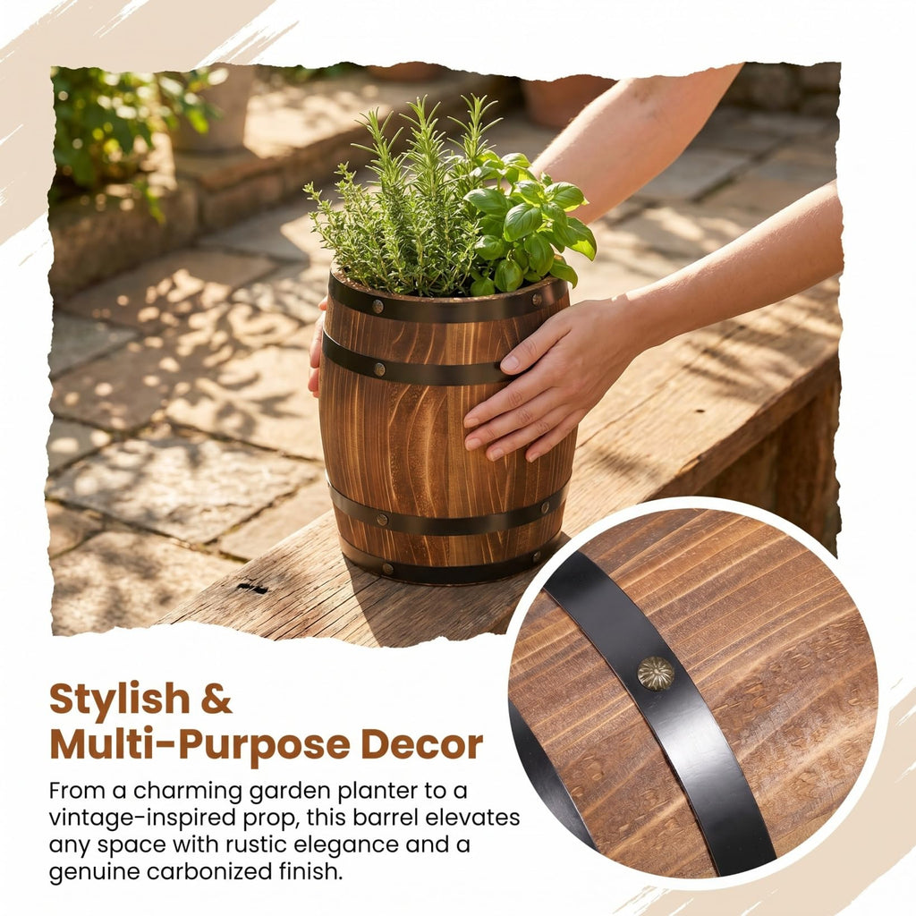 Barrel Decoration Wooden Planter Rustic Wine Barrel Prop 8.2 Inch Antique Style Beer Patio Garden Decor