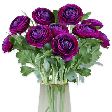 Artificial Ranunculus Flowers Purple, 10 Pack Real Touch Silk, 19 Inch with Blooming Flowers & Buds, Fuzzy Wired Stems