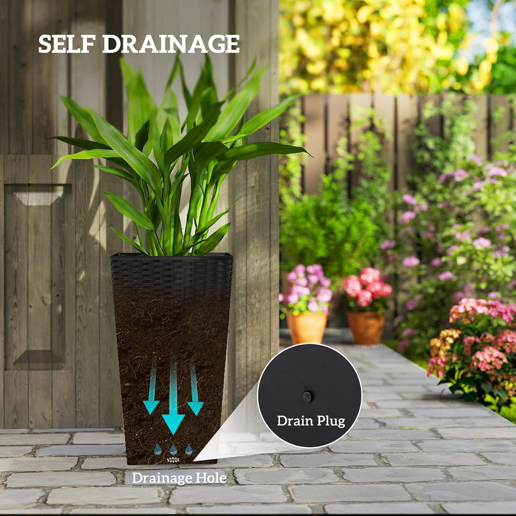 24 in Taper Tall Planters for Outdoor Plants Set of 3, Black | with Drainage Holes, Rattan Decor Plant Pots, Indoor