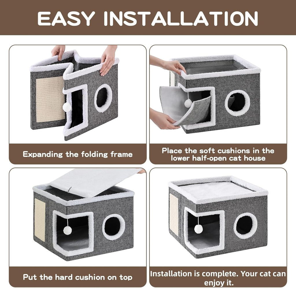 Large Cat Houses for Indoor Cats with Fluffy Ball and Scratch Pad