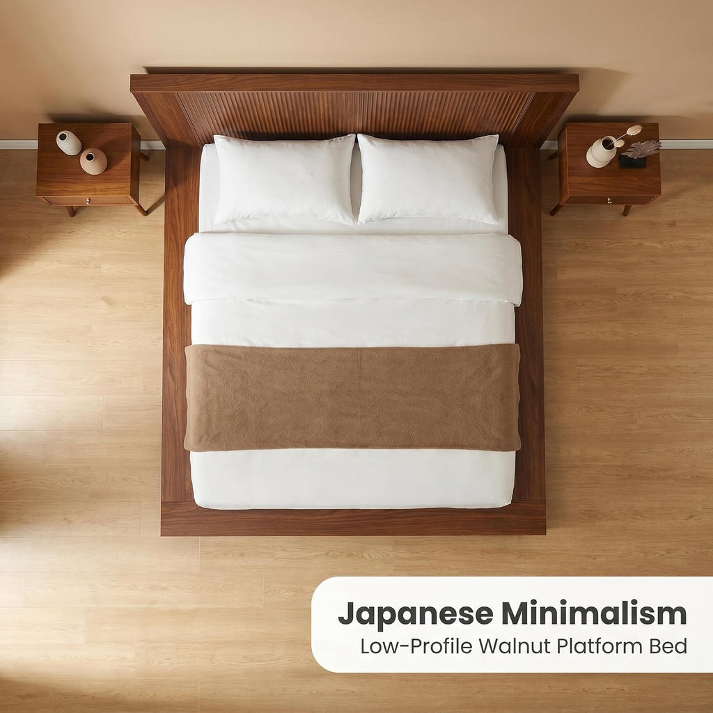 Japanese Wooden Floor Bed Frame King with Walnut Headboard