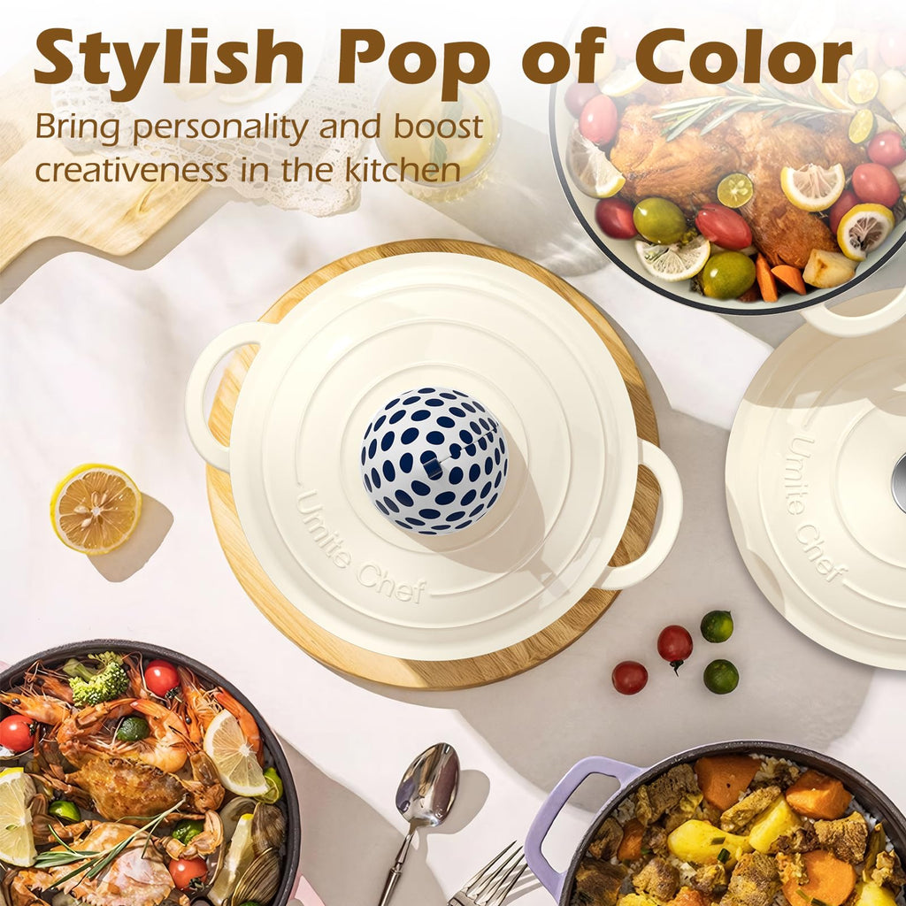 Enameled Cast Iron Dutch Oven - 5QT Pot with Lid & Cotton Potholders - Heavy-Duty Cookware for Bread Baking