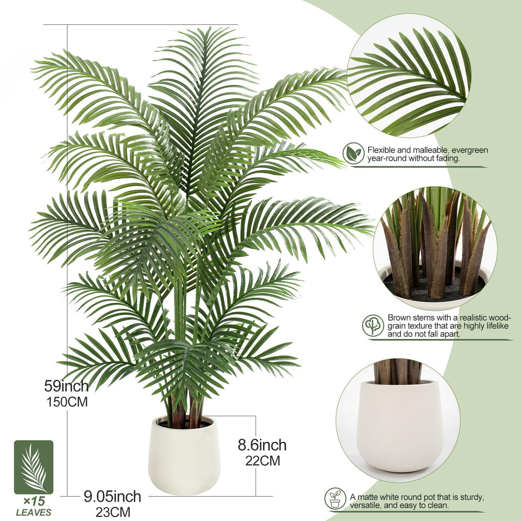 5ft Artificial Palm Tree Tall Faux Palm Tree Indoor Large Fake Plants with 15 Trunks Artificial Plants with White Pot