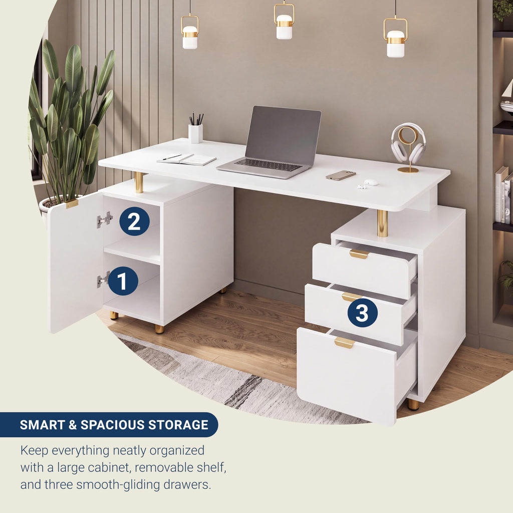 57"W Computer Desk w/ 3 Drawers & Storage Cabinet, White/Gold