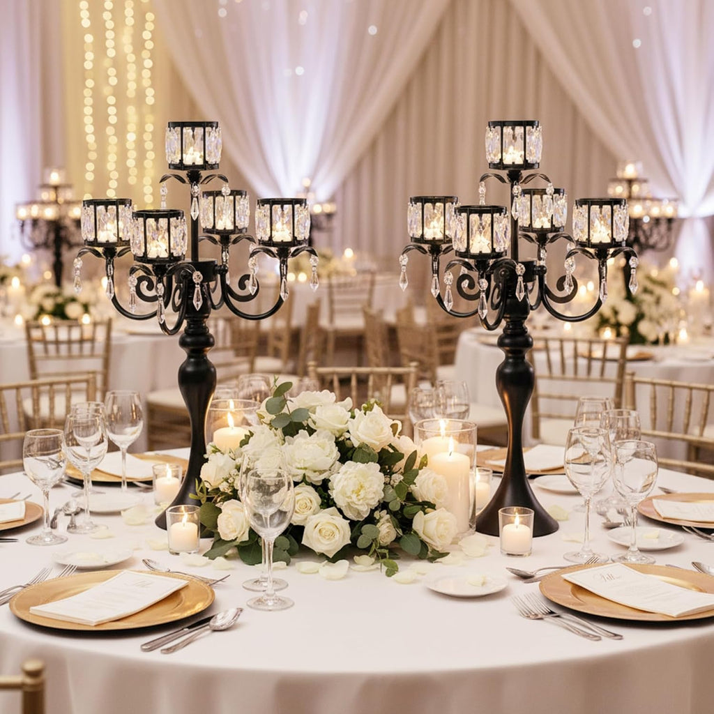 Black Candelabra Centerpieces for Tables - 5 Arm Crystal Pendant Candle Holders, Elegant Metal Centerpieces