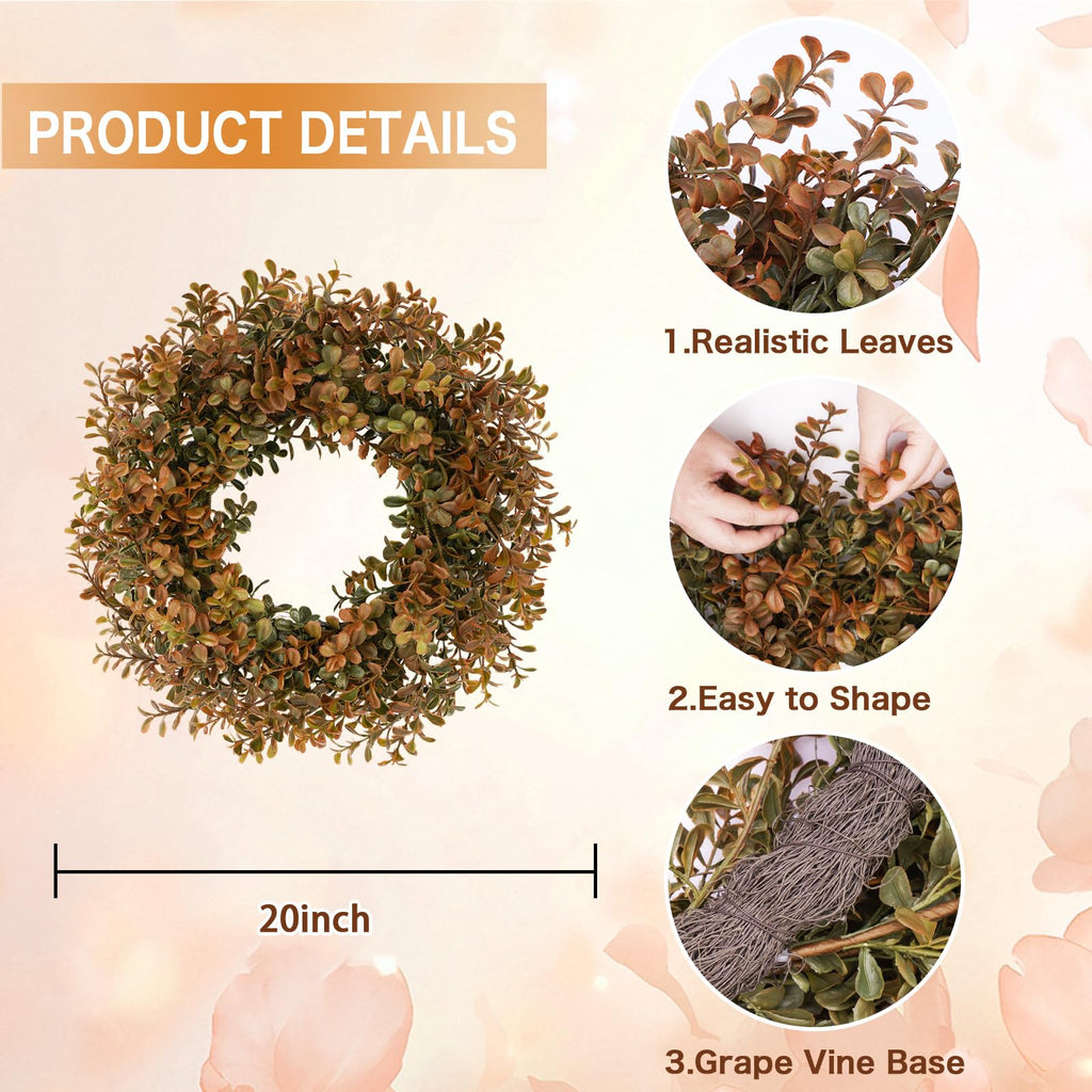 20 Inch Fall Wreath for Front Door, Artificial Boxwood Thanksgiving Decor