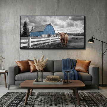Large Framed Blue Barn & Highland Cow Canvas Wall Art - Rustic Farmhouse Black and White Retro Landscape Print, Ready