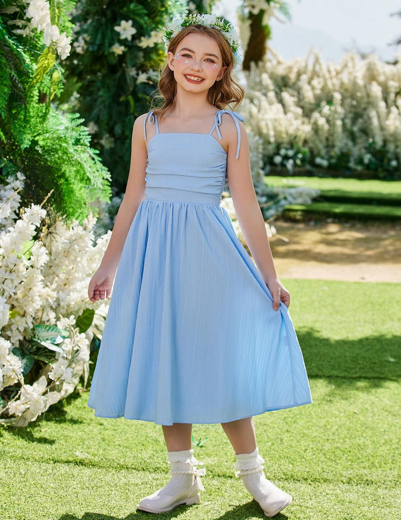 Girls Spaghetti Dress Strap Ruched Flowy Teen Girl Sundress