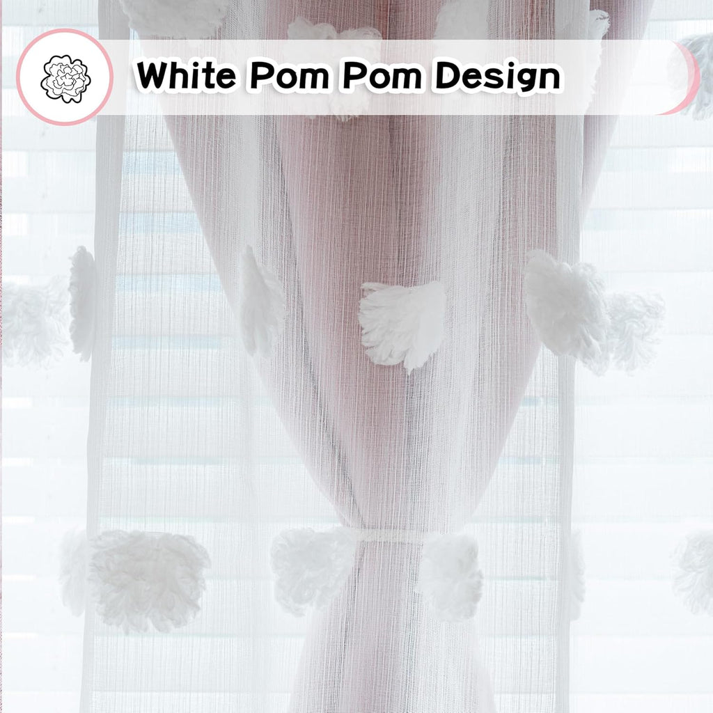 Grey Curtains 63 Inch Long Curtains for Kids Room Double Layer Nursery Curtains White Pom Pom Sheer Dining Room