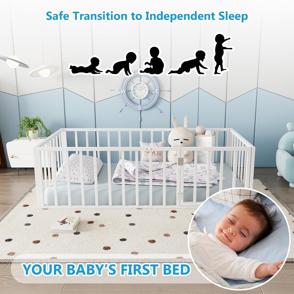 Floor Bed with Fence and Door, Heavy Duty Montessori Floor Bed Frame, Easy Assemble Montessori Beds