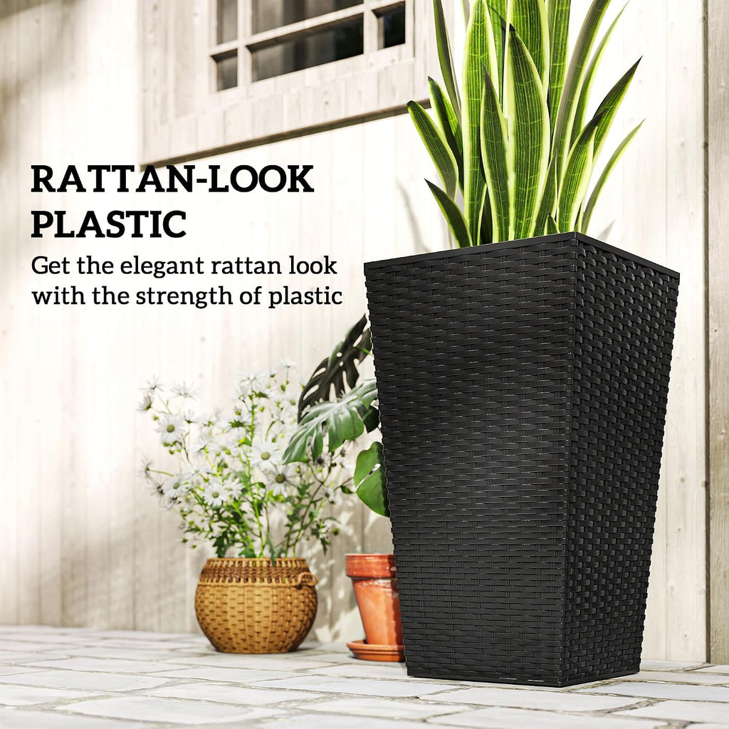 24 in Taper Tall Planters for Outdoor Plants Set of 3, Black | with Drainage Holes, Rattan Decor Plant Pots, Indoor