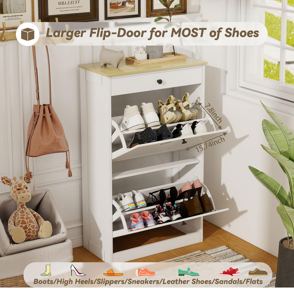 Shoe Storage Entryway with 2 Flip Drawers, Narrow Wooden Shoe Cabinet