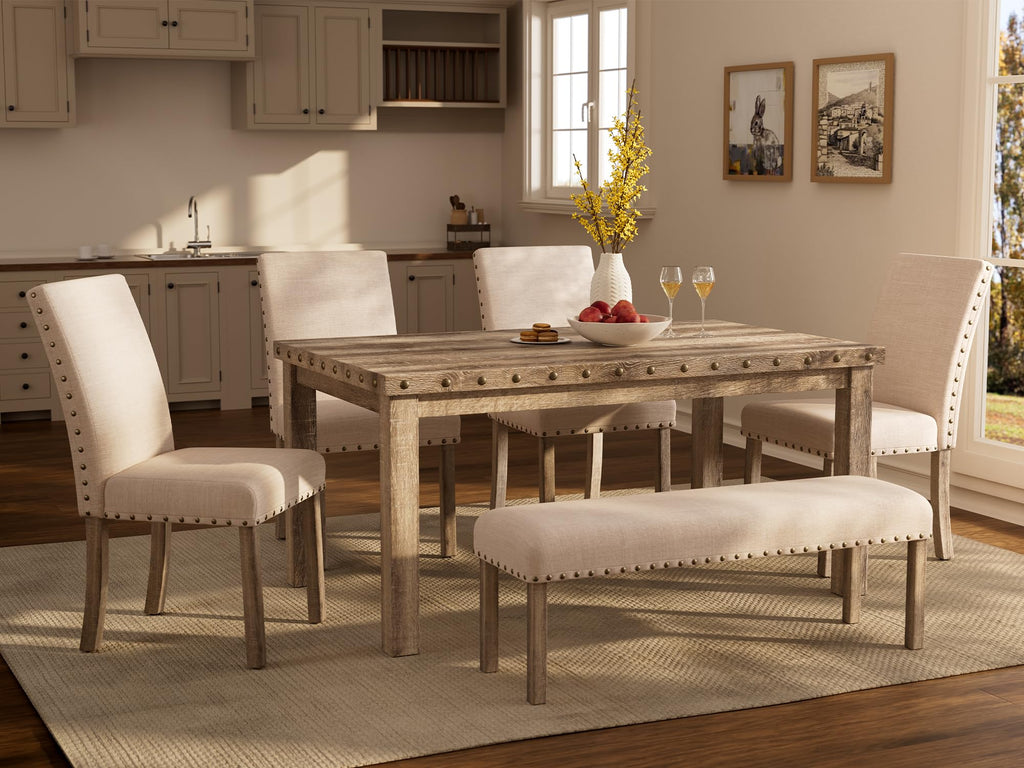 Dining Table Set for 6, Farmhouse Wooden Table & Upholstered Bench & 4 Dining Chairs, Kitchen Dining Set with