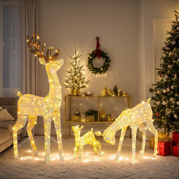 3-Piece Lighted Christmas Golden Reindeer Family Set, 5FT White Buck Doe Fawn Outdoor Decorations, Weatherproof Deer