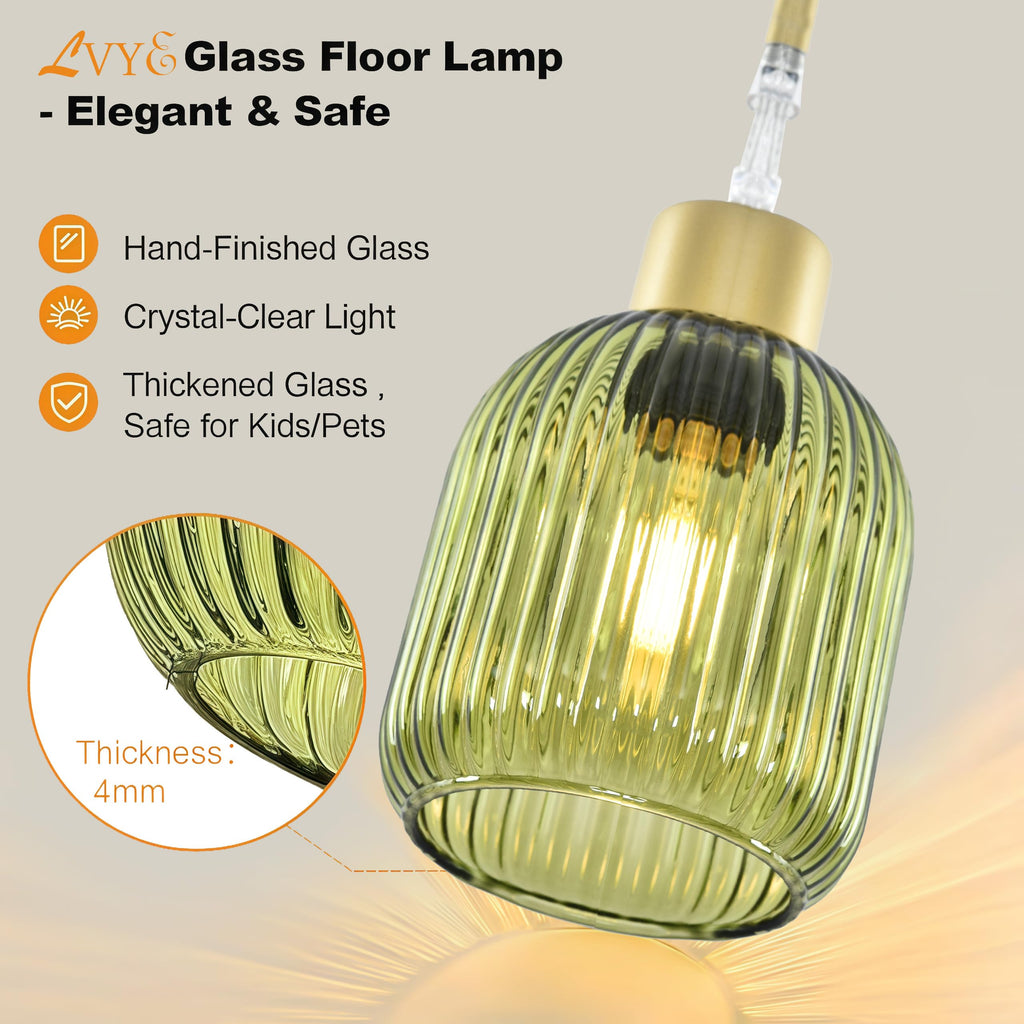 Modern Floor Lamps, Glass Standing Lamp with Green Shade, Dimmable Ribbed Glass 3 Lights Floor Lamps, Mid Century