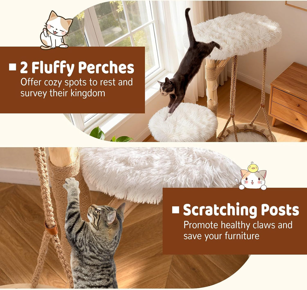 48.5-inch Wood Cat Tree, Multi-Level White Modern Wooden Cat Tower