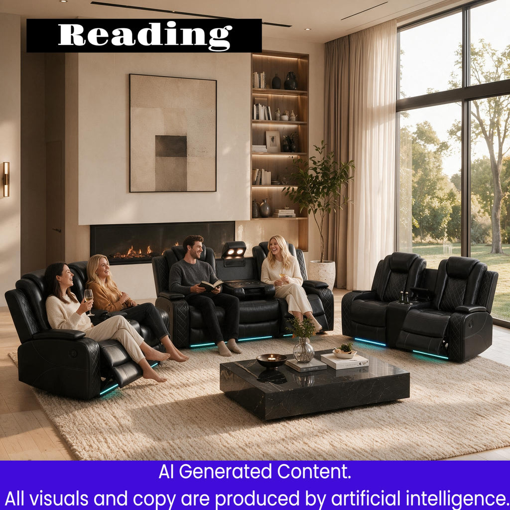 Leather Power Reclining Sectional Sofa with LED Lights, Storage Console & Cup Holders, Electric Recliner Couch