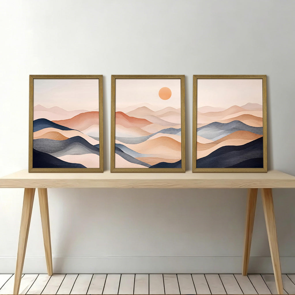 Vintage Abstract Mountain Wall Art Set of 3 Canvas, Neutral Desert Landscape Framed Poster, Retro Boho Painting for