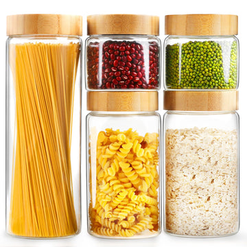 Airtight Glass Jar with Lid, Glass Storage Containers with Screw On Bamboo Lids, for Cookie, Pasta, Cereal Storage