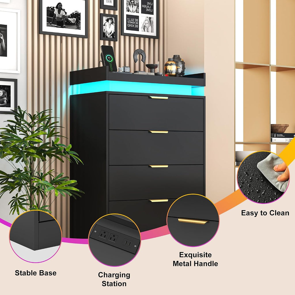 Tall Dresser , Black Dresser with LED Lights, Wood 5 Drawer Chest with Power Outlet, Modern Chest of Drawers
