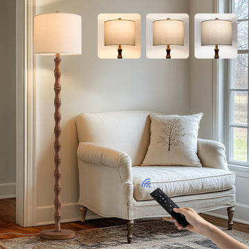 62" Rustic Farmhouse Floor Lamp with Remote & Dimmable 9W Bulb, 3 Color Temperatures Tall Resin Standing Lamp, Retro