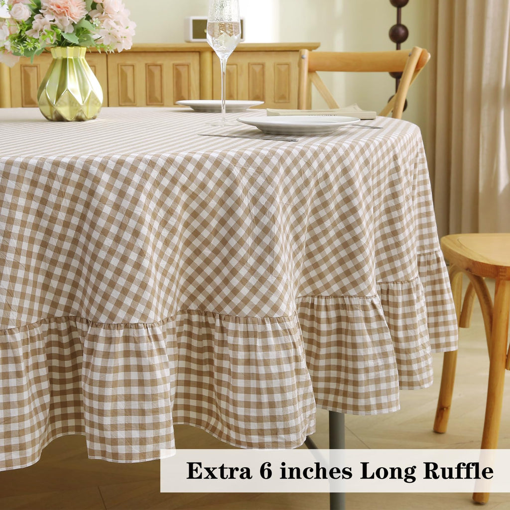 Taupe White Gingham Tablecloth Seat 4-6 Round Dia.70"