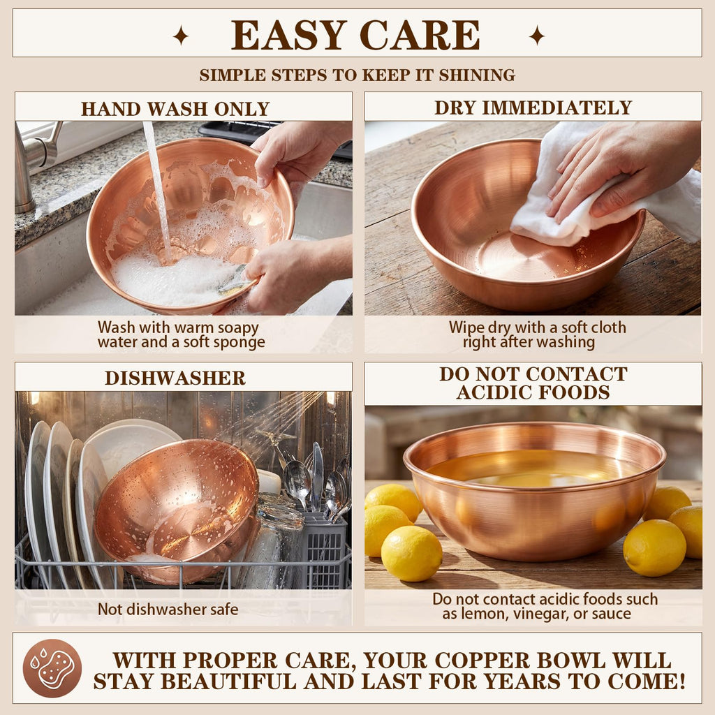 7.36 Inch Pure Copper Mixing Bowl 1.5 Qt Salad Bowl Hand Wash Only, Classic