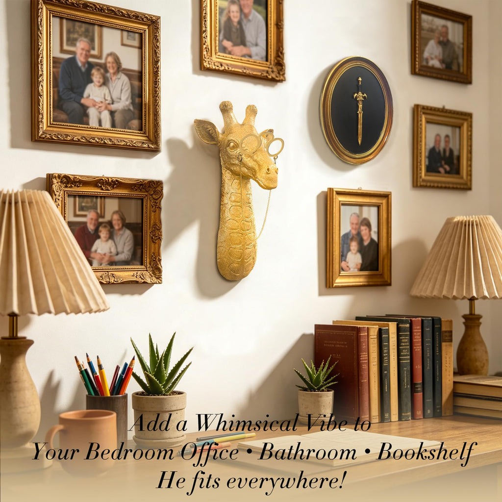 Golden Giraffe Animal Head Wall Decor with Glasses, 11.5X4.5" whimsical Resin Animal Wall Sculpture, Gold Wildlife