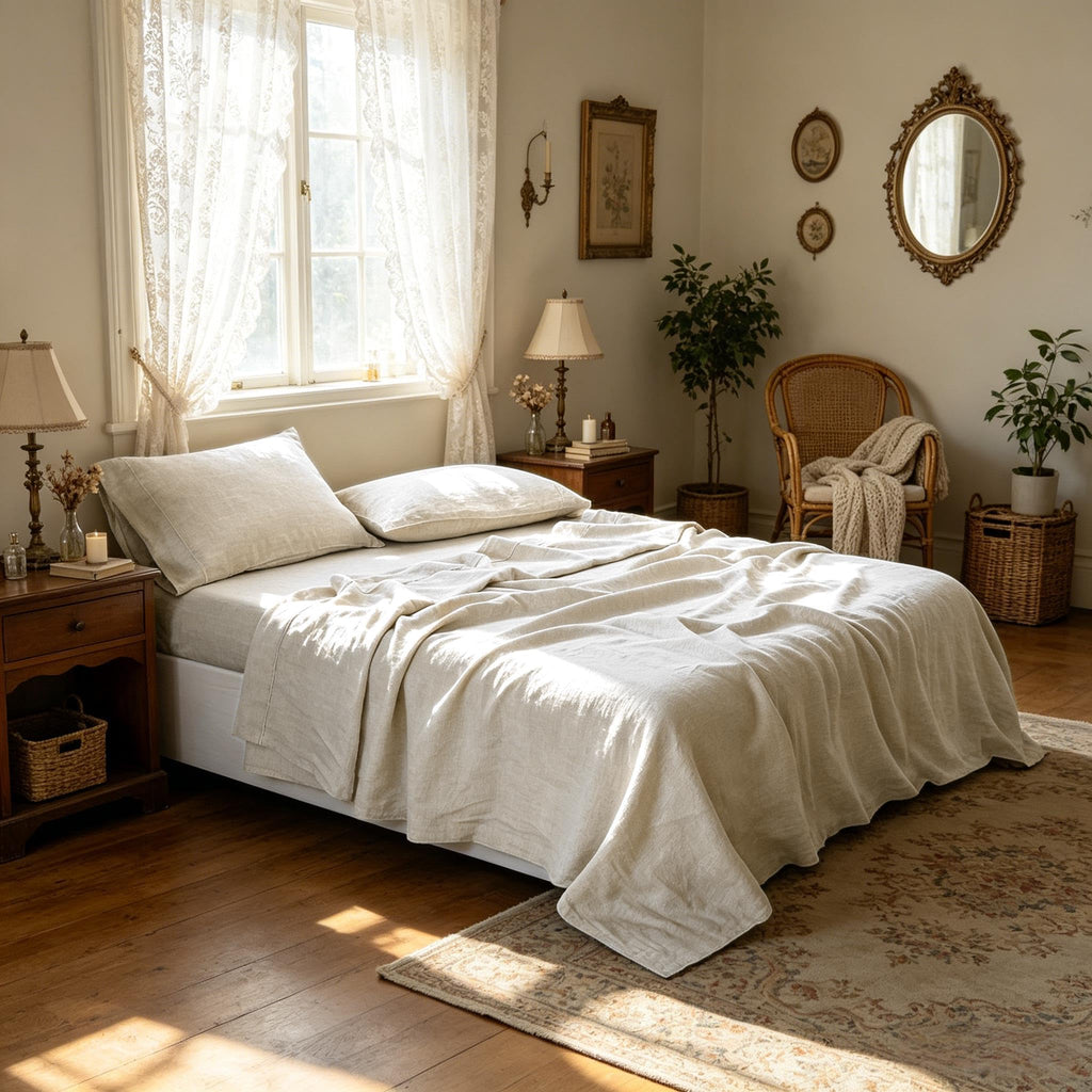 100% French Linen Sheet Set -Pure Natural Flax Bed Sheet-4 Pcs Breathable Ultra Soft Farmhouse Bedding (1