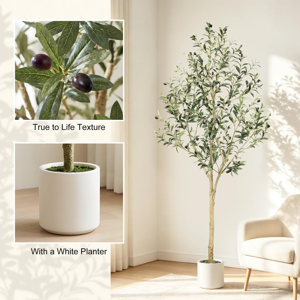 Faux Olive Tree 6ft with Sturdy White Planter, Artificial Olive Tree