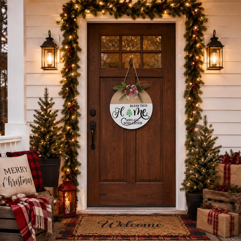 Interchangeable Welcome Sign for Front Door with 4 Seasonal Wreath and 14 Changeable Icons, Bless This Home for
