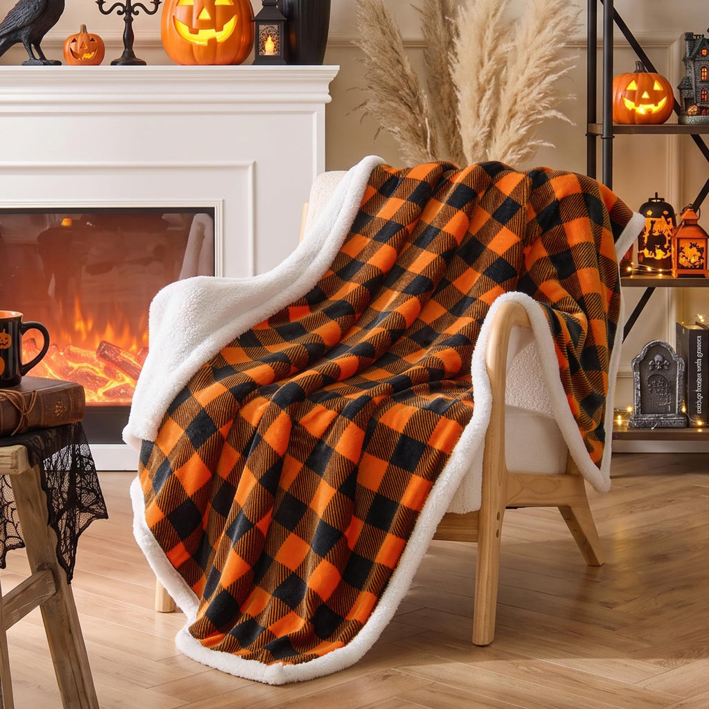 Halloween Sherpa Blanket for Decor & Gift, Orange & Black, 50"x60"