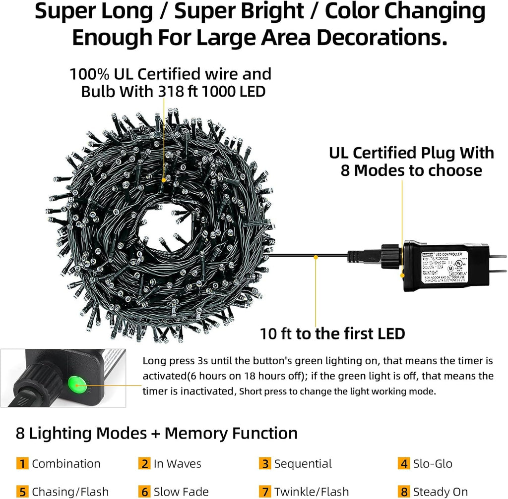 1000 LED 328FT 8Modes Christmas String Lights Christmas Tree Lights