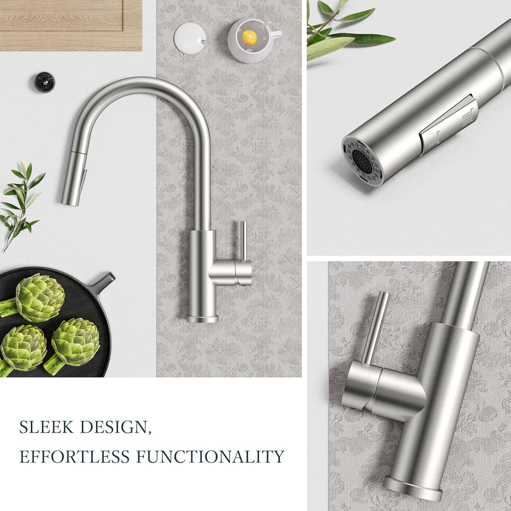 Kitchen Faucets with Pull Down Sprayer, Brushed Nickel Classic Single Handle Stainless Steel High Arc Faucet for