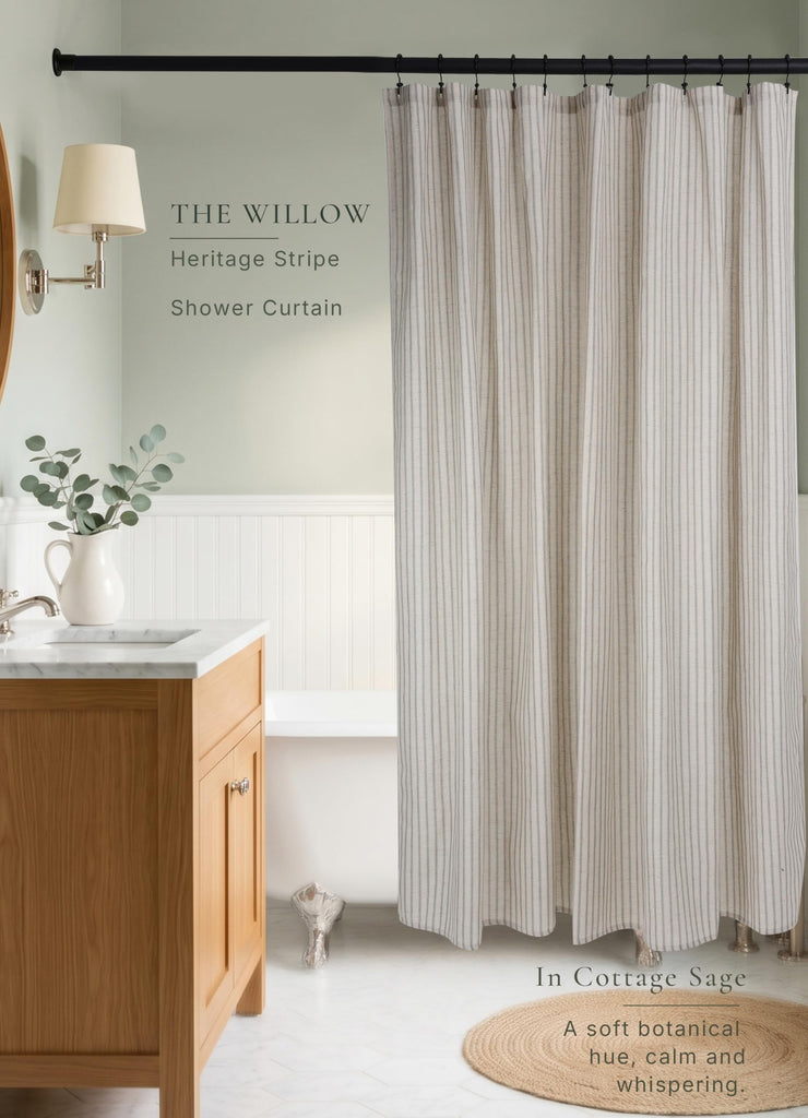 Farmhouse Striped - 72x84 Inches, Linen Blend Fabric, Breathable & Machine Washable, Rustic Sage Decor (Hooks/Liner