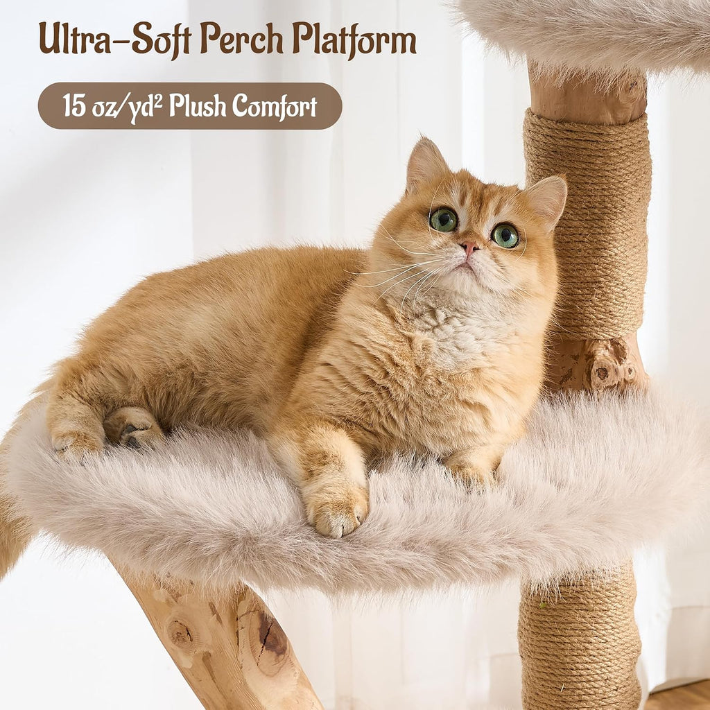 54" Modern Aesthetic Cat Tree Tower for Indoor Cats with Branch-Style Natural Wood Scratching Posts, Luxury Plush