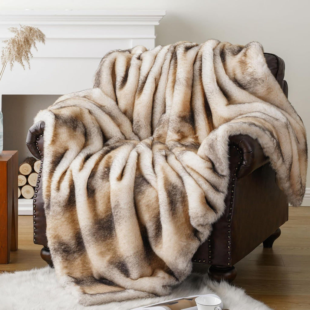 Luxury Faux Fur Throw Blanket for Couch, 60"x80", Thick, Smoothly | Large Soft Warm Cozy Plush Furry Fuzzy Mink