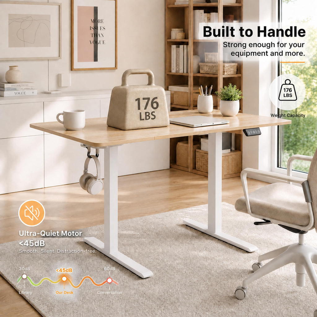 63x32 Electric Standing Desk, Curved Oak Desktop