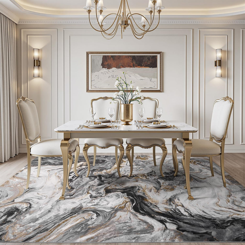 Abstract Area Rug, Washable Non-Slip Low Pile, Marble Black