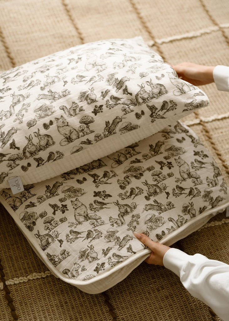 Woodland Crib Bedding Set, 5-Layer Organic Cotton Muslin Crib Quilt & Sham, Forest Animal Nursery, Rabbit Fox Bird