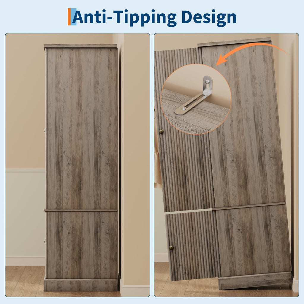 72" Wood Armoire Wardrobe Closet, Fluted, Narrow, Retro Gray