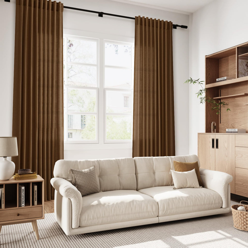 Tobacco Brown Linen Curtains 90 Inch Long Living Room Linen Textured Window Drapes Semi Sheer Light Filtering Rod