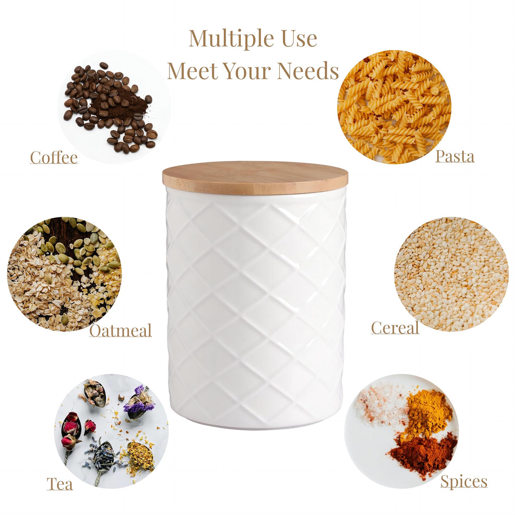 Ceramic Canisters Sets Countertop, Relief Food Storage Jar with Bamboo Lid, Stackable Container for Flour, Coffee