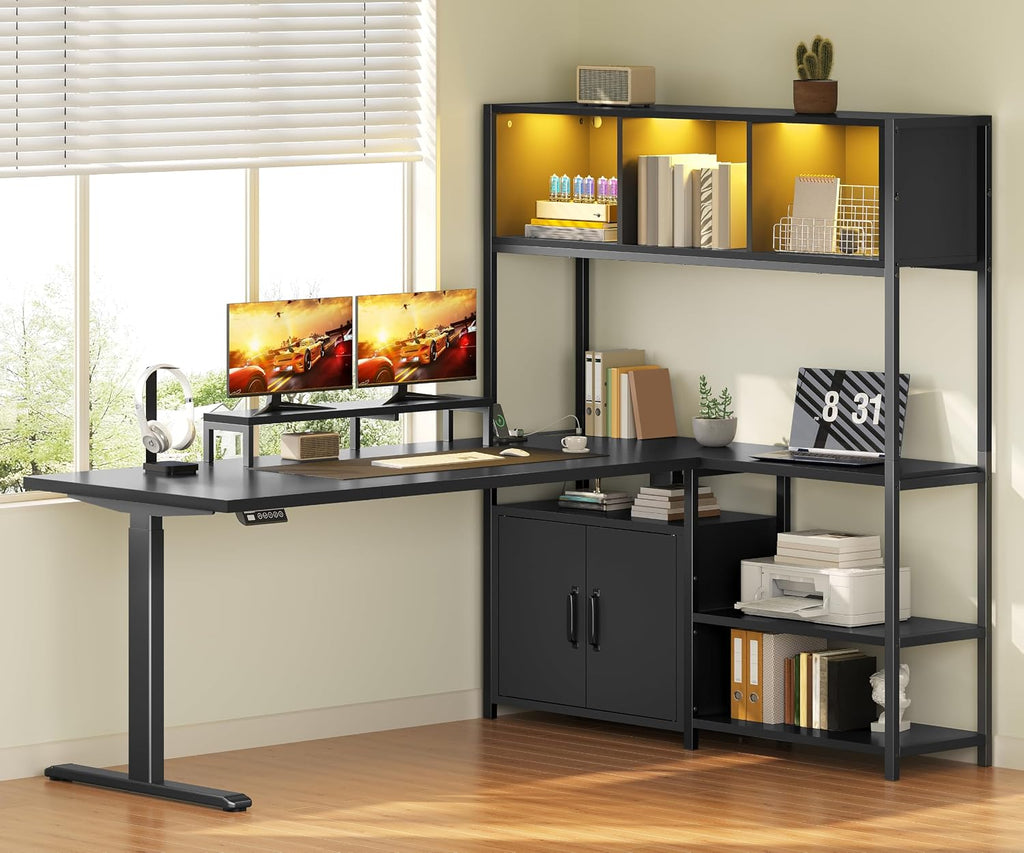 55'' L Shaped Standing Desk, Sit Stand Desk with Storage Hutch | Stand Up Corner Gaming Desk with Shelves, Cabinet