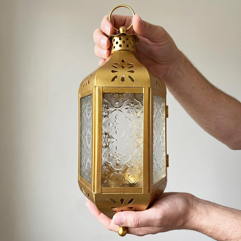 Hanging Moroccan Lantern with LED Twinkle Fairy Lights - Exotic Decorative Patio & Porch Decor, Indoor Outdoor Candle