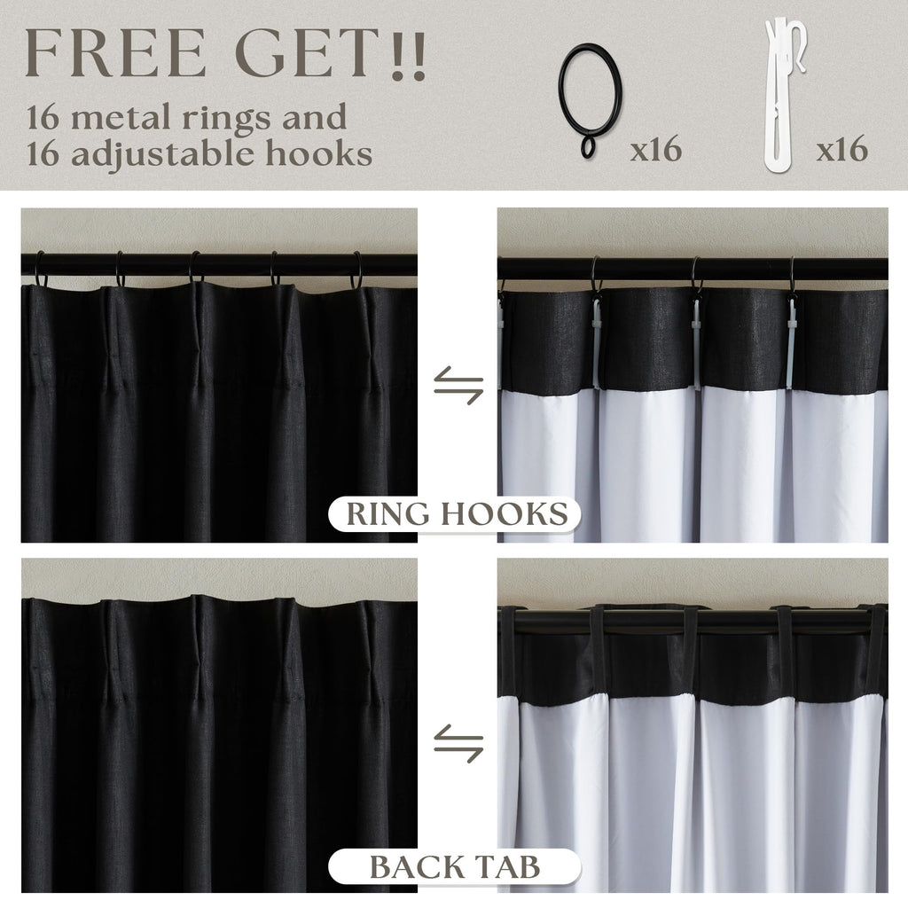 Black 100% Blackout Pinch Pleat Linen Curtains 108 Inches Long