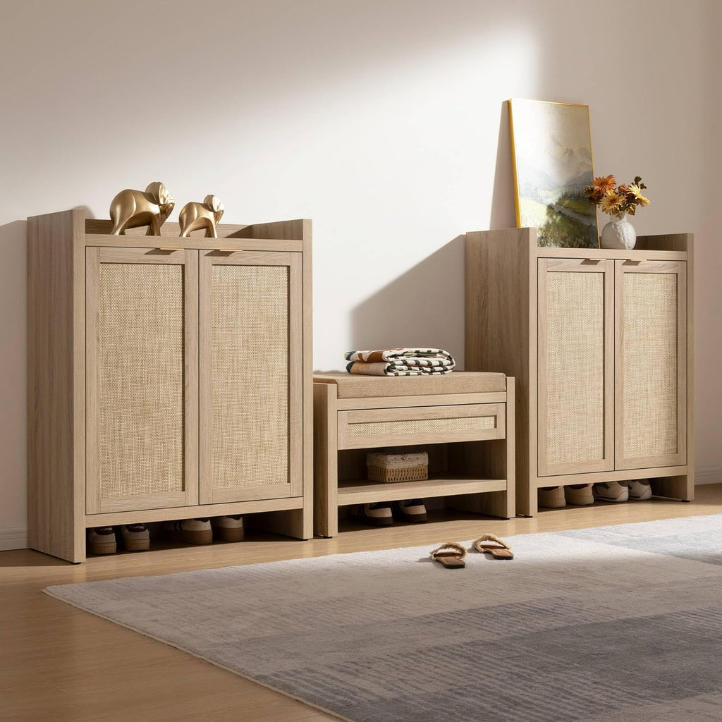 Shoe Cabinet, 24 Pair Shoe Storage Organizer Cabinet, 41" Tall Rattan Shoe Cabinet with Doors and Shelves, 6-Tier