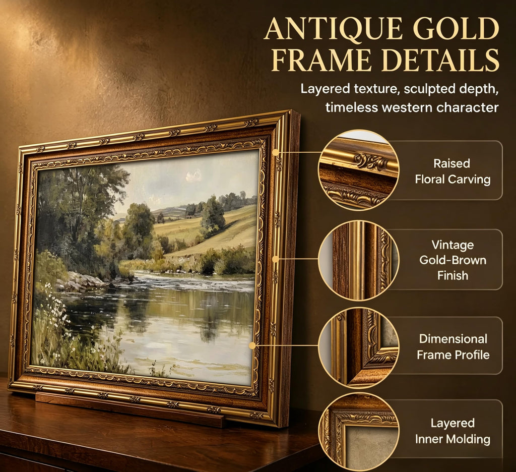 Vintage Gold Framed Wall Art Retro Rustic Farmhouse Green Nature Landscape Painting Picture Canvas Fall Forest