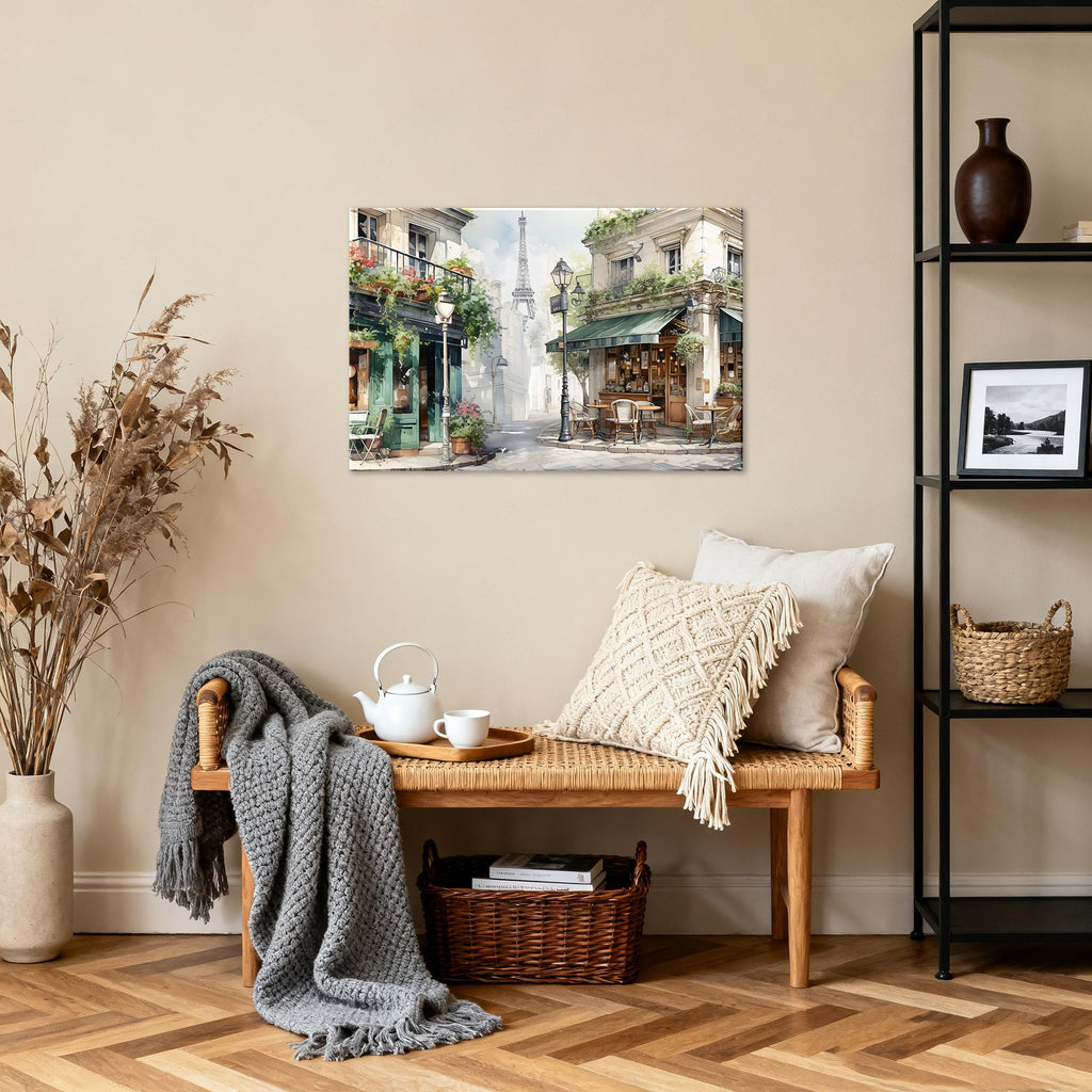 Framed Green Cafe Canvas Wall, 24"x16" European Street Scene